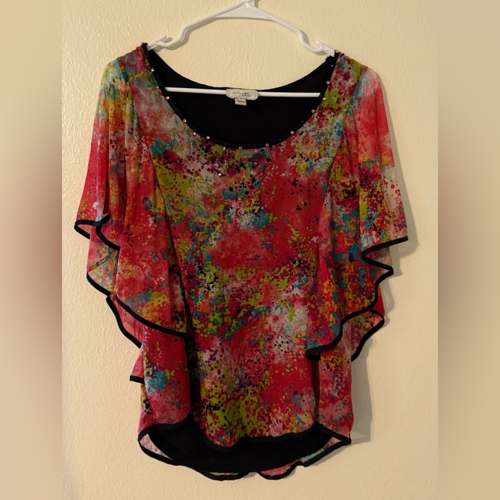 Beige by eci Multi-Color Watercolor Flutter Sleeve Top with Black Trim